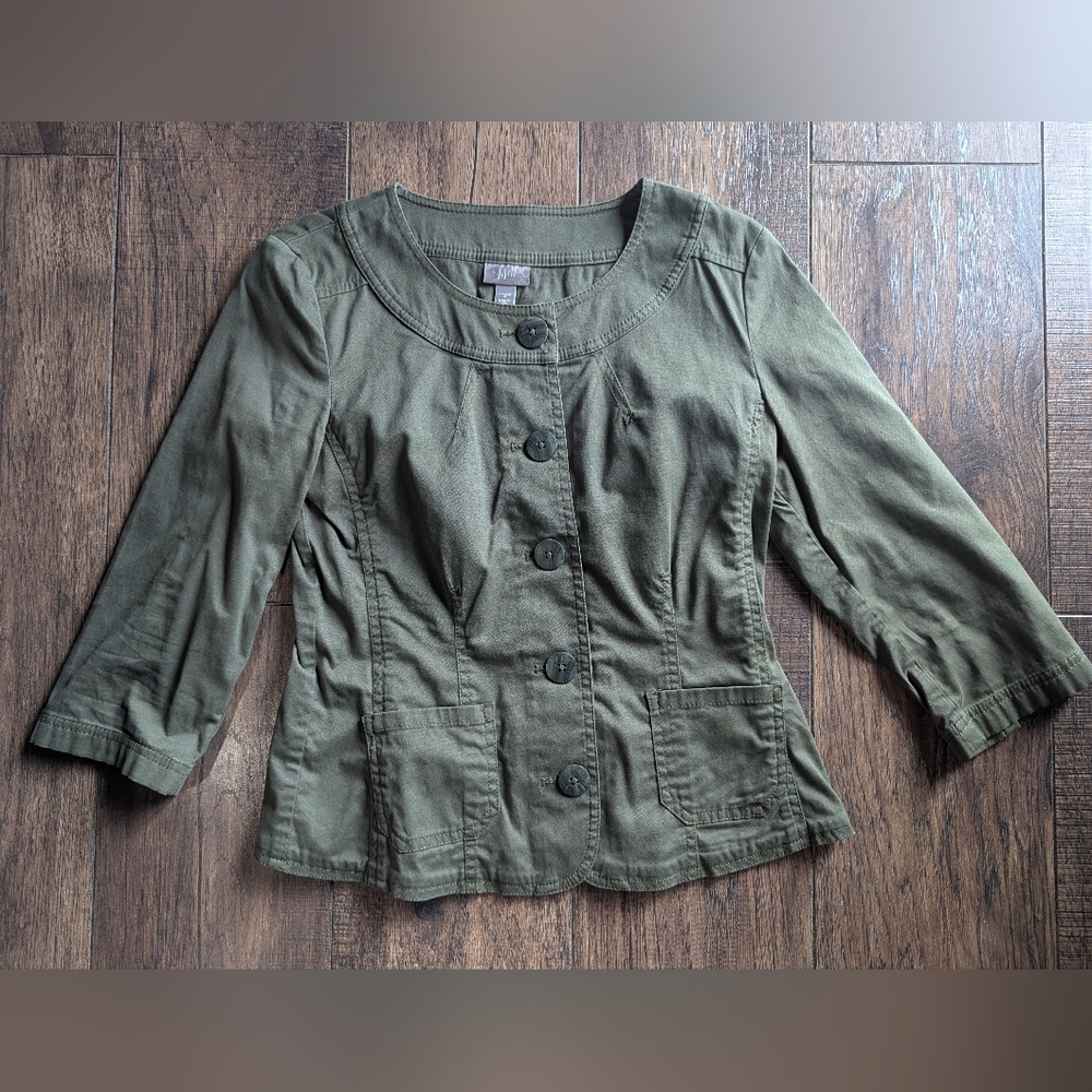 J Jill Women's Olive Green Stretch Lightweight Jacket Regular Size 4 Pockets